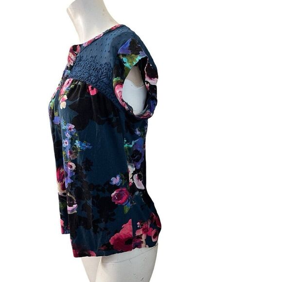 Daniel Rainn Ladies Small Dark Blue Floral Top Swiss Dot Chiffon Lace Blouse - Picture 3 of 7